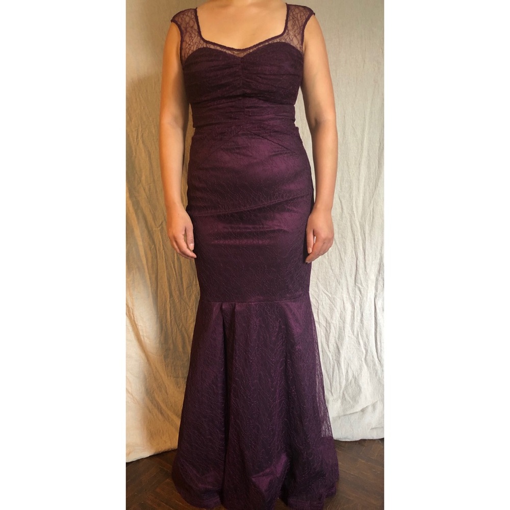 David Meister Purple / Aubergine Lace & Chiffon Long Formal Gown / Black Tie